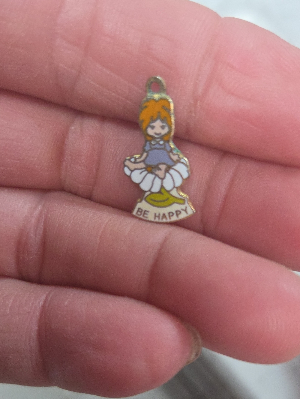 Vintage American Greetings AGC "Be Happy" Enamel Charm Girl in Daisy Flower